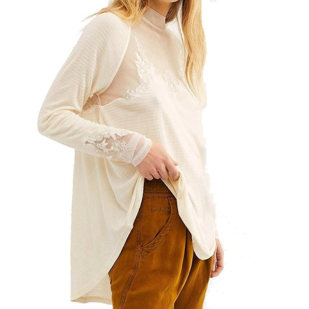 Free People Saheli Embroidered Mesh Top Sheer Long Sleeve Boho Festival XS